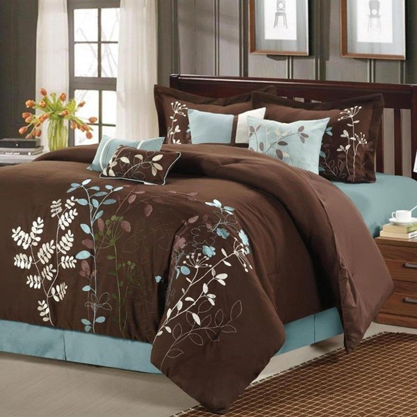 Fixturesfirst Bliss Garden Embroidered Comforter Set - Brown - King - 8 Piece FI623010